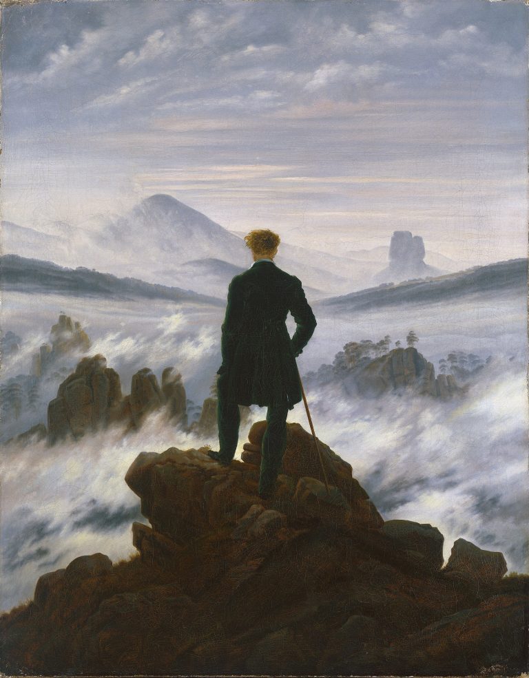 Caspar David Friedrich, Wanderer über dem Nebelmeer: Rückenfigur auf einem Felsen über Nebelschwaden