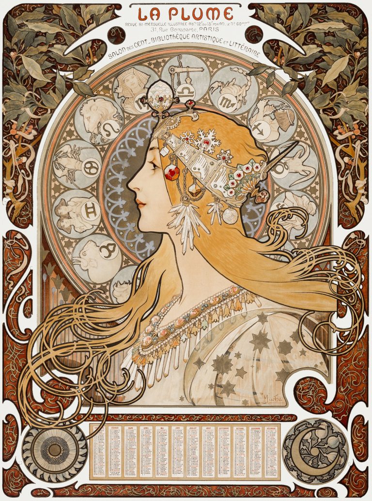 Alfons Mucha, Zodiaque: Frauenprofil im Jugendstil mit Tierkreiszeichen