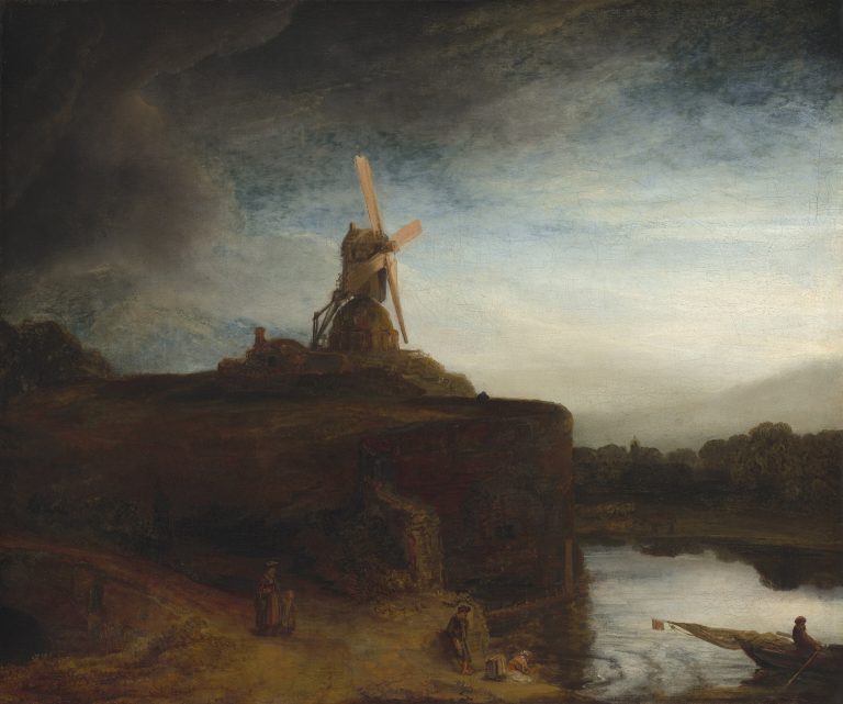 Rembrandt, Die Mühle: Windmühle auf einer Anhöhe vor dunklem Gewitterhimmel